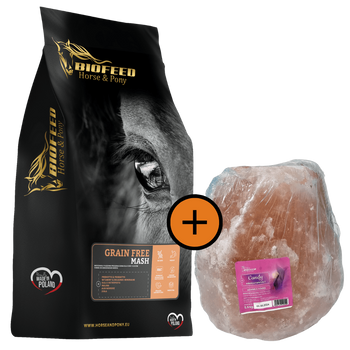 ZESTAW: Mesz dla koni bezzbożowy BIOFEED Horse & Pony Grain Free Mash 20 kg + lizawka Himalayan Salt 5,5 kg
