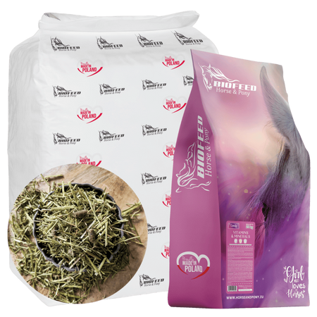 ZESTAW: Sieczka z lucerny BIOFEED Horse & Pony Alfalfa Original 20 kg + Candy Vitamins & Minerals 25 kg