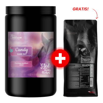 Odpiaszczacz dla koni BIOFEED Horse & Pony Candy Sand Out 800 g (słoik PET) + próbka granulatu GRATIS
