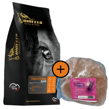 ZESTAW: Mesz dla koni tradycyjny BIOFEED Horse & Pony Traditional Mash 20 kg + lizawka Himalayan Salt 1,5 kg