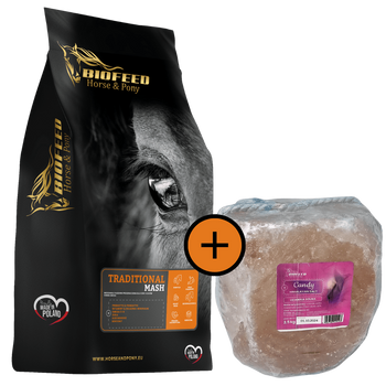 ZESTAW: Mesz dla koni tradycyjny BIOFEED Horse & Pony Traditional Mash 20 kg + lizawka Himalayan Salt 3,5 kg