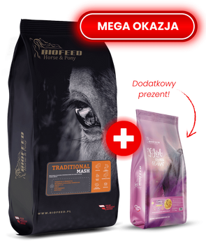 ZESTAW: Mesz dla koni tradycyjny BIOFEED Horse & Pony Traditional Mash 20 kg + GRATIS Candy Cookies Banana with turmeric 900 g